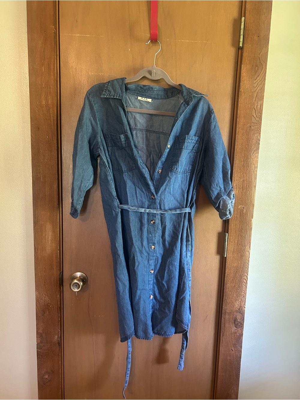 Denim Button-Front Midi Shirt Dress with Belt - Blue